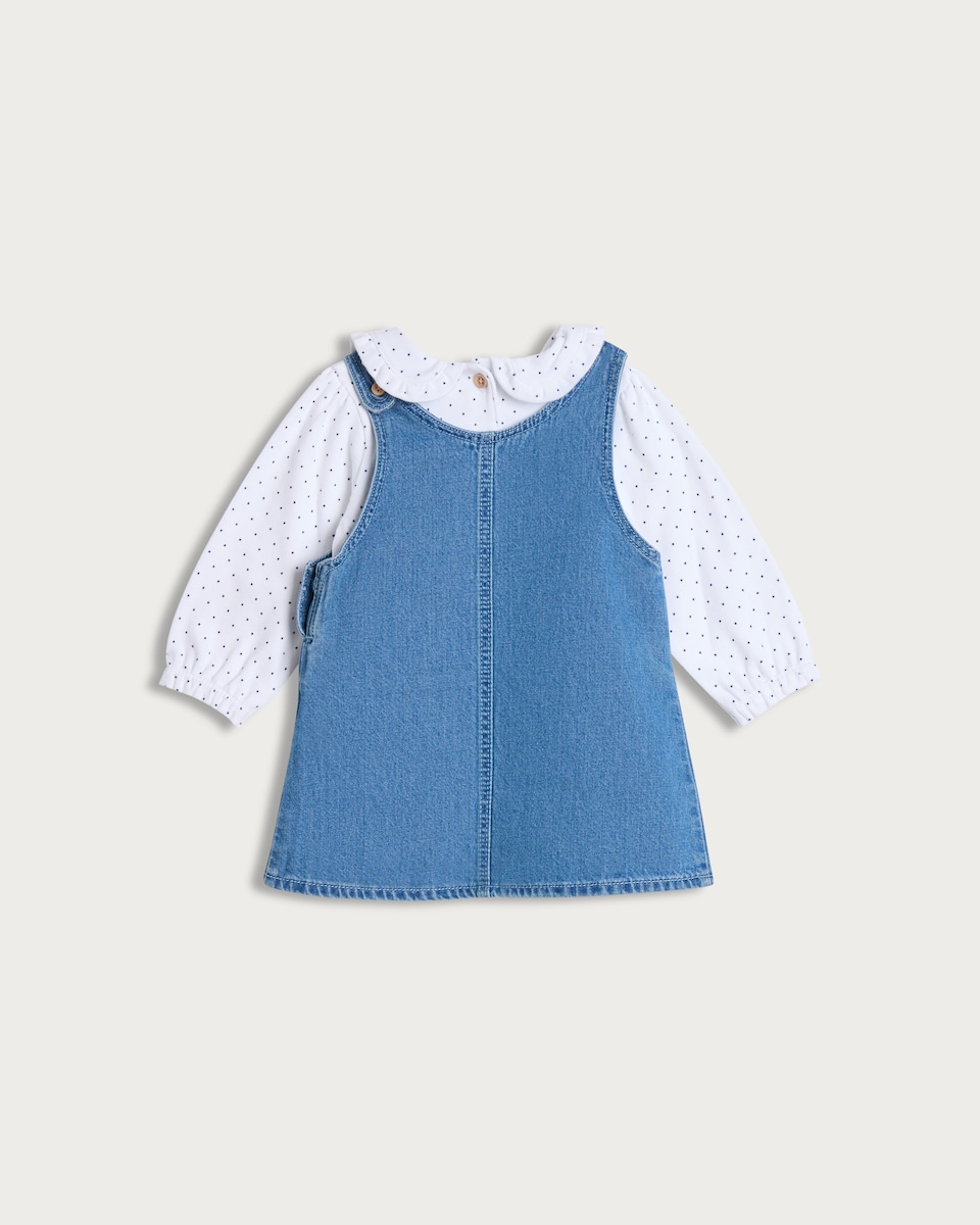 image 1 of F&F Baby 3-Piece Cotton Rich Denim Pinafore, Bodysuit and Tights Set in Blue