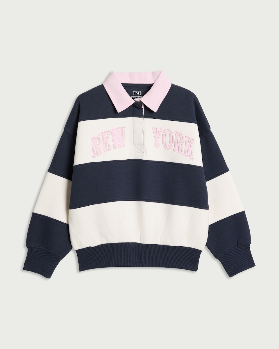 image 1 of F&F Girls Cotton Rich Striped Rugby Sweatshirt in Multi Blue