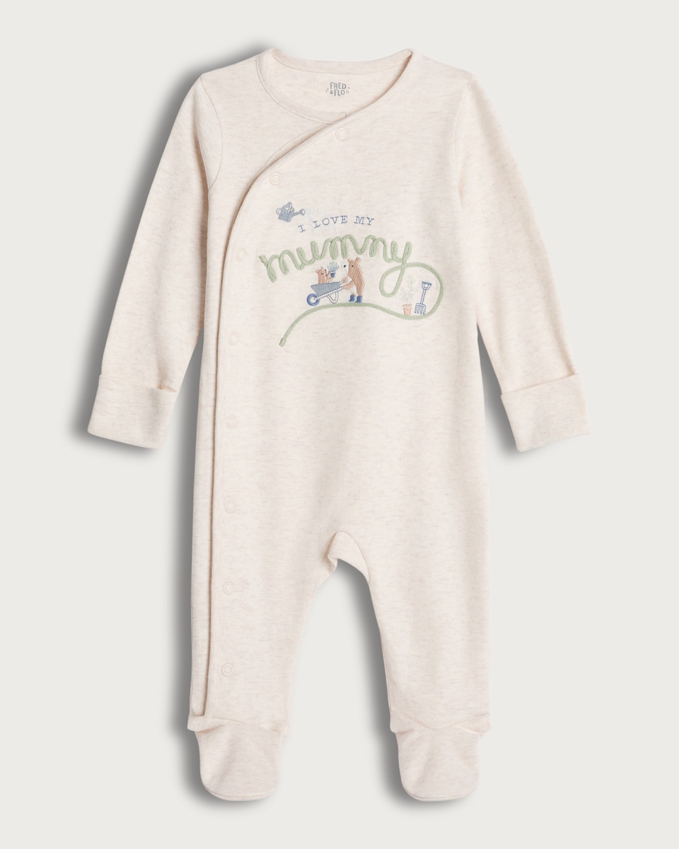 image 1 of F&F Baby Cotton Rich I Love My Mummy Sleepsuit in White