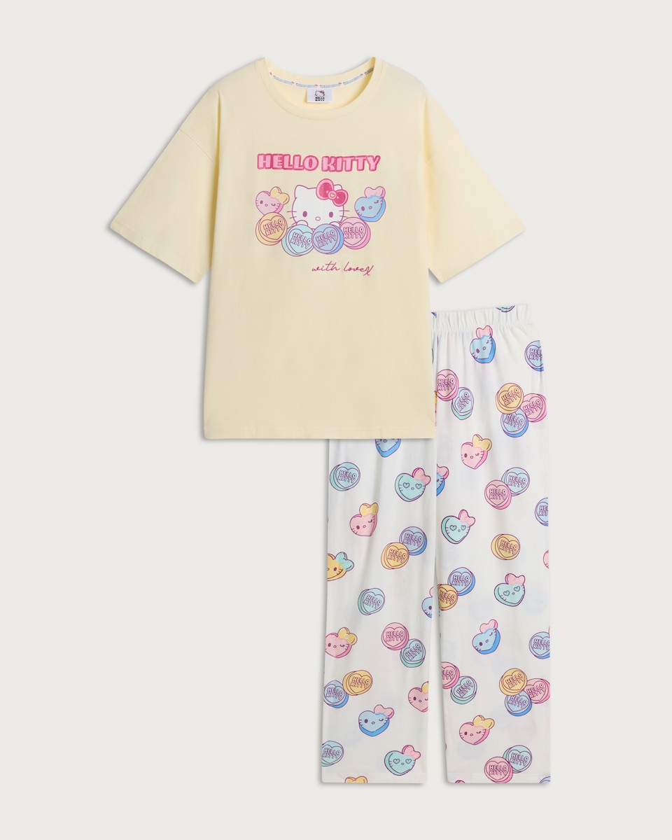image 1 of Hello Kitty Pure Cotton Pyjama Set in Multi Yellow