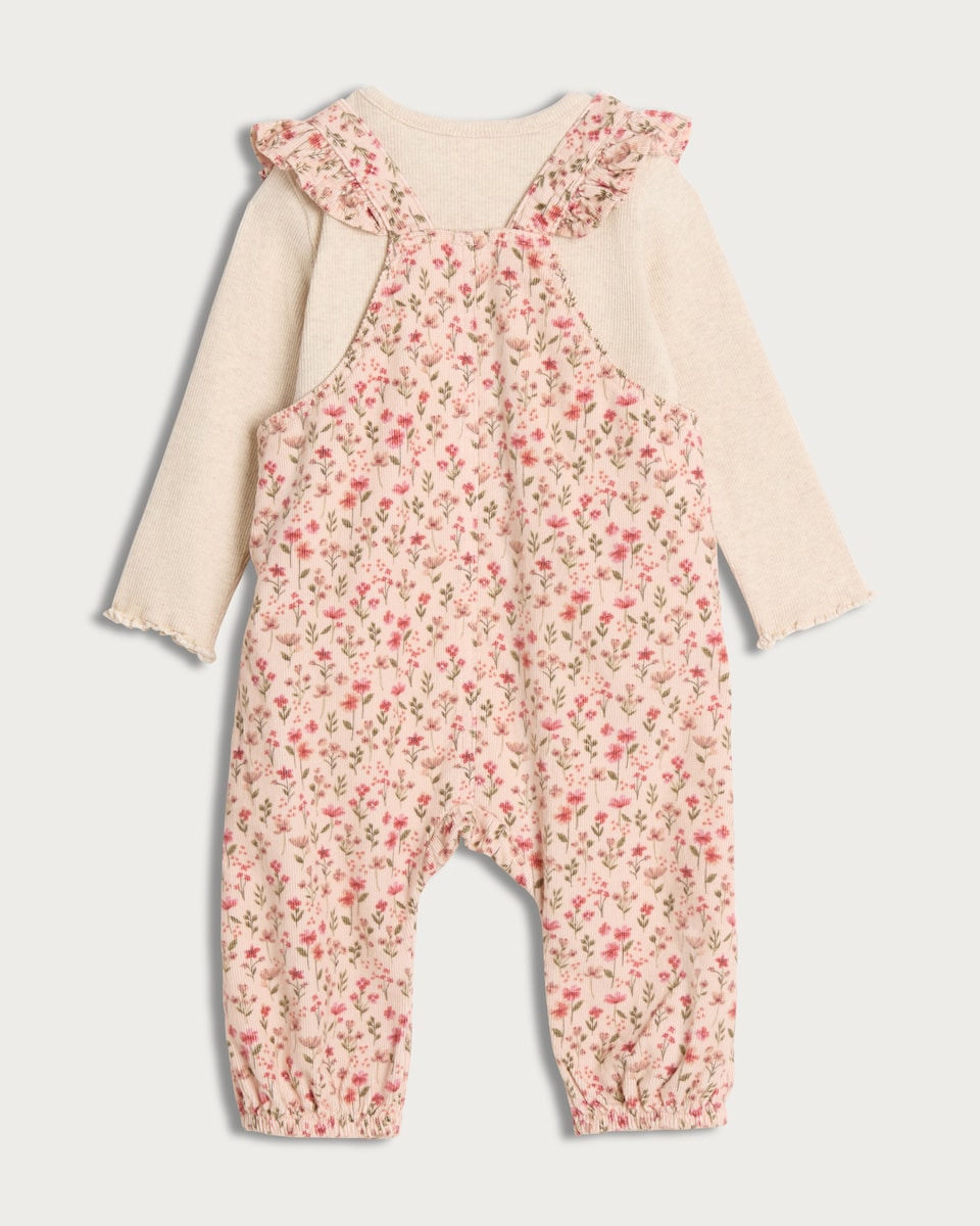 image 1 of F&F Baby 2-Piece Floral Print Dungarees and Bodysuit Set in Pink