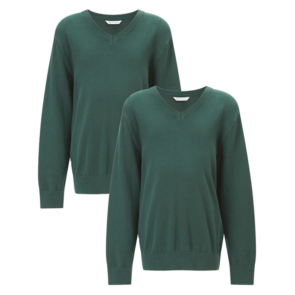 F&F School 2-Pack Pure Cotton V-Neck Jumpers in Green