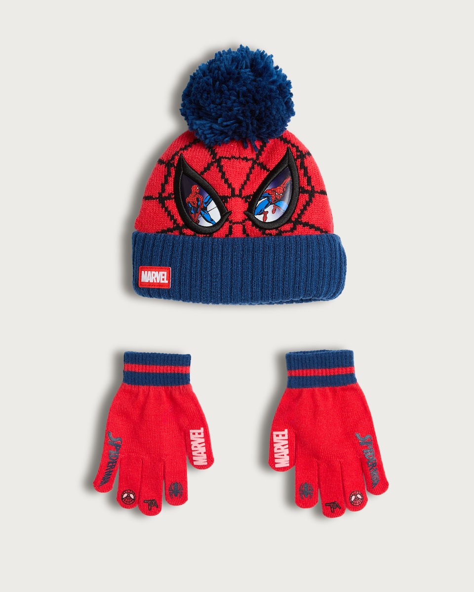 image 1 of Disney Spider-Man 2-Piece Knitted Beanie Hat and Gloves Set in Multi