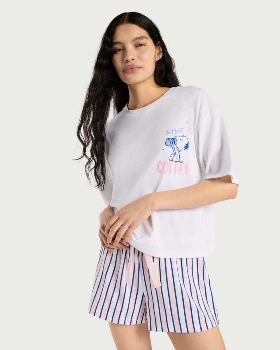 image 1 of Snoopy 2-Piece Pure Cotton Top and Shorts Pyjama Set in Multi Pink
