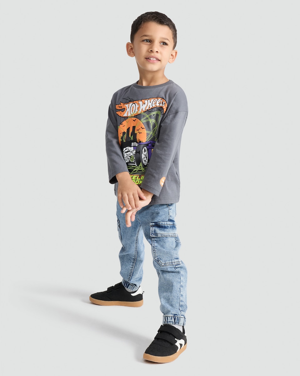 image 1 of Hot Wheels Wheelie Spooky Slogan Pure Cotton Top in Grey