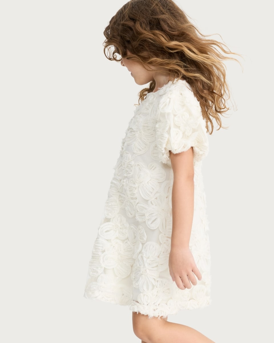 image 1 of F&F Girls Floral Appliqué Puff Sleeved Dress in Cream
