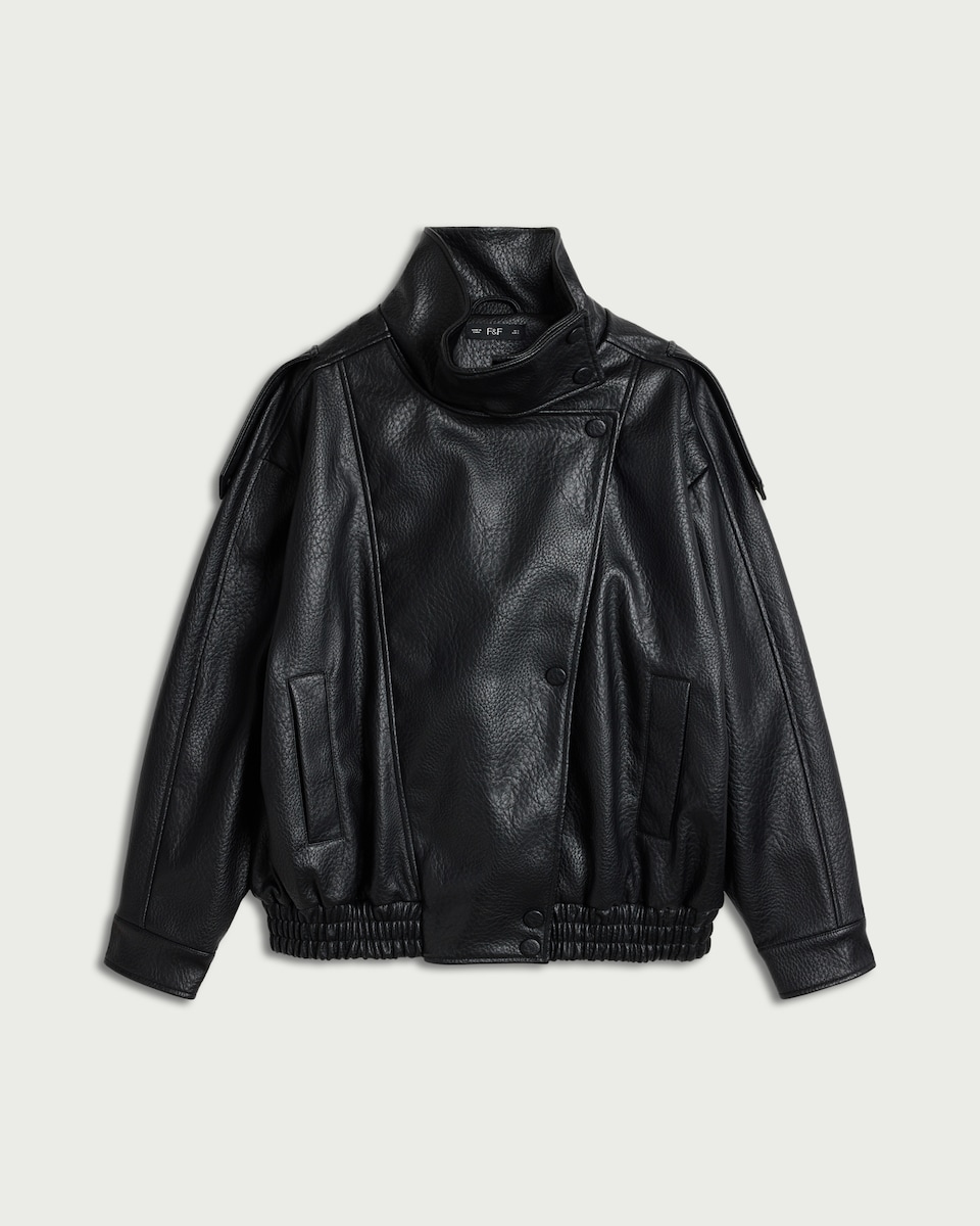 image 1 of F&F Faux Leather Funnel Neck Oversized Fit Jacket in Black