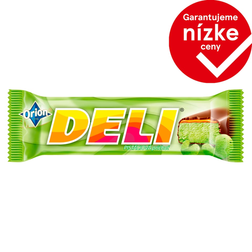 ORION DELI tyčinka s pistáciovou príchuťou a karamelom máčaná v horkej čokoláde 35 g