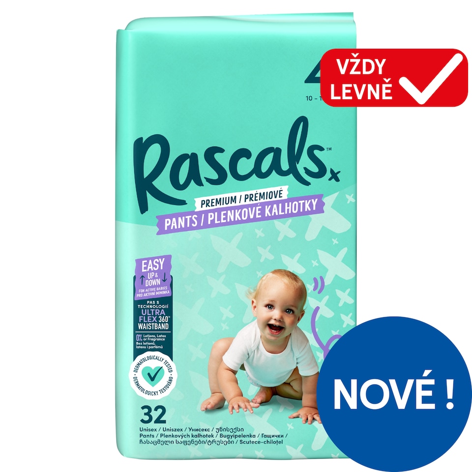 Rascals Prémiové plenkové kalhotky 4 10 - 15 kg 32 ks