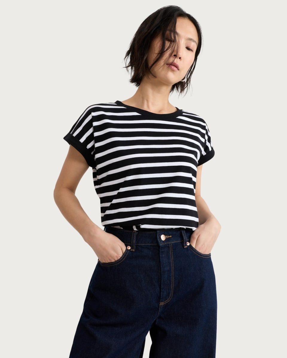 image 1 of F&F Pure Cotton Striped Short Sleeved T-Shirt in Multi Black White