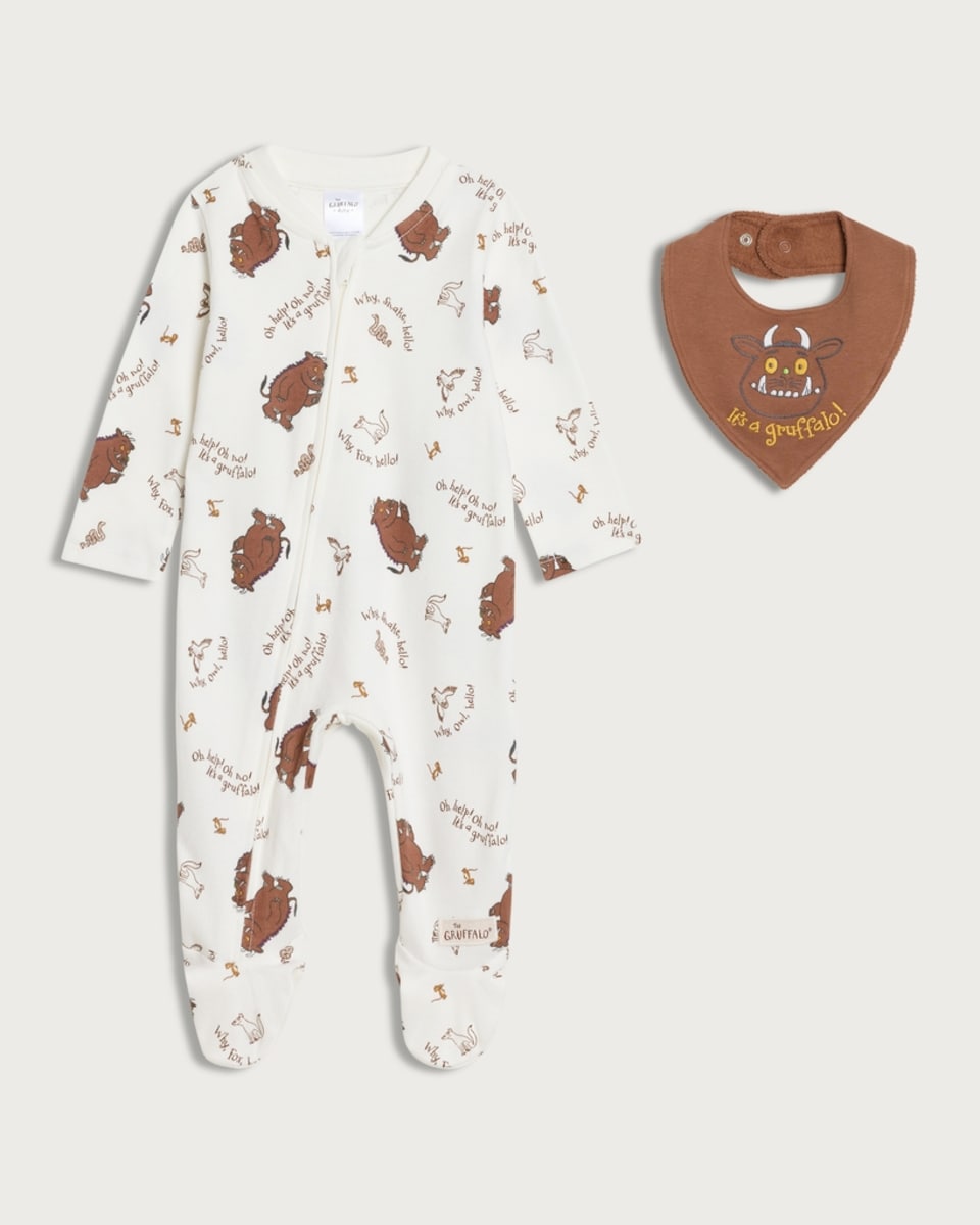 The Gruffalo 2-Piece Pure Cotton Long Sleeved Sleepsuit and Bib Set in White