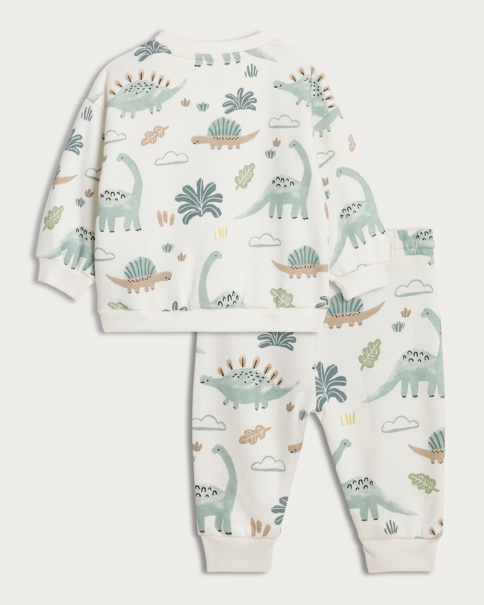 image 1 of F&F Baby 2 Piece Cotton Rich Dinosaur Print Jumper and Joggers Set in White