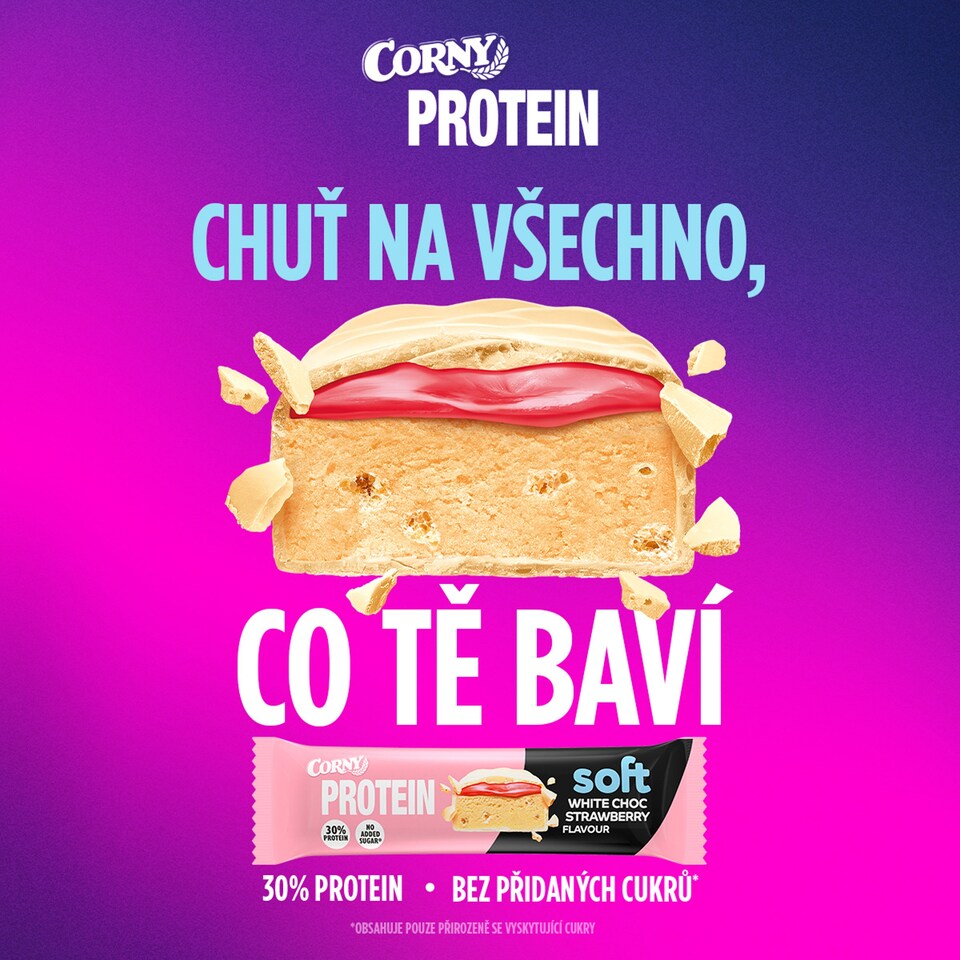 Obrázek 1 pro produkt Corny Protein Soft proteinová tyčinka s náplní s jahodovou příchutí v bílé čokoládě 45g