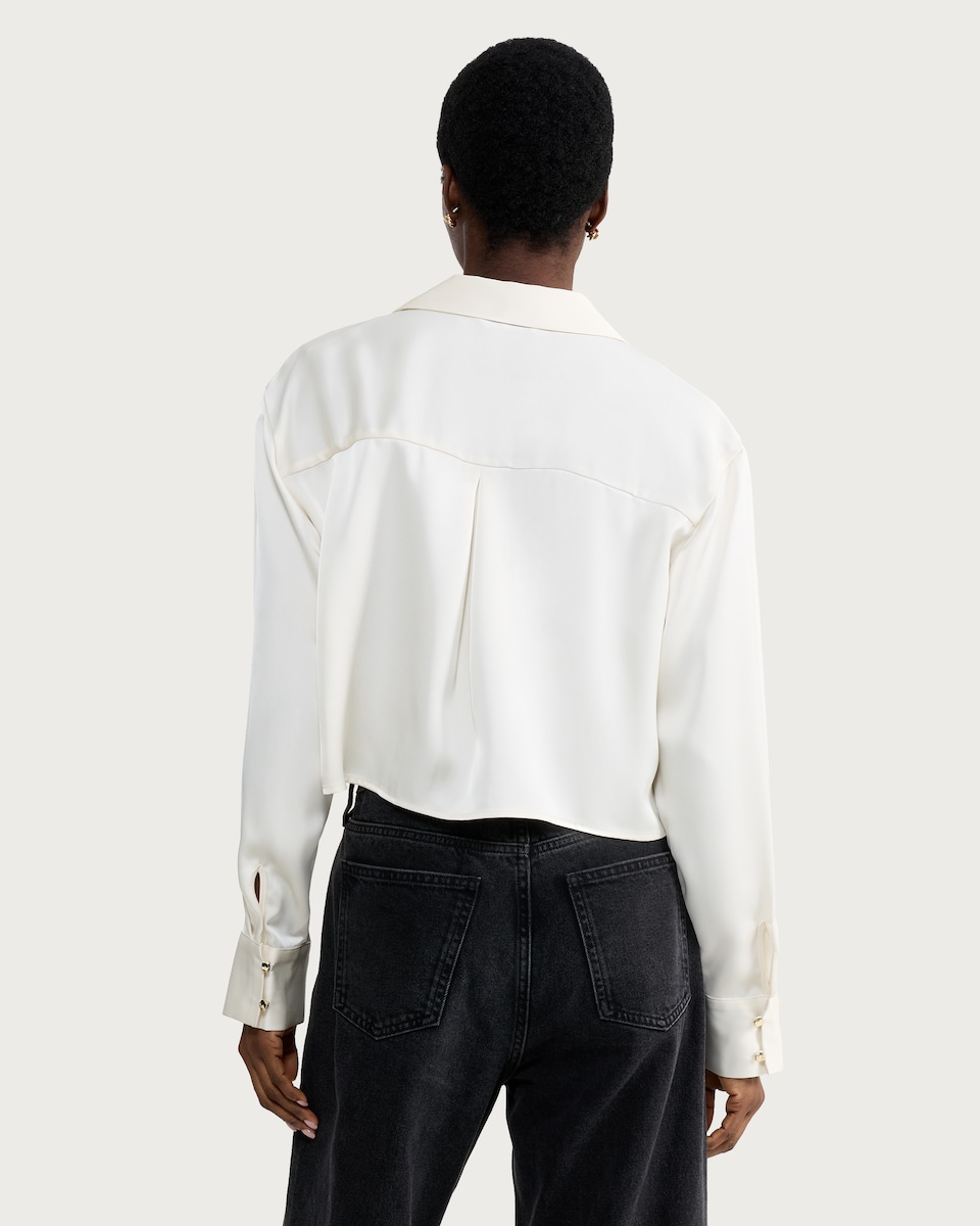 image 1 of F&F Satin Cropped Button Up Shirt in Cream
