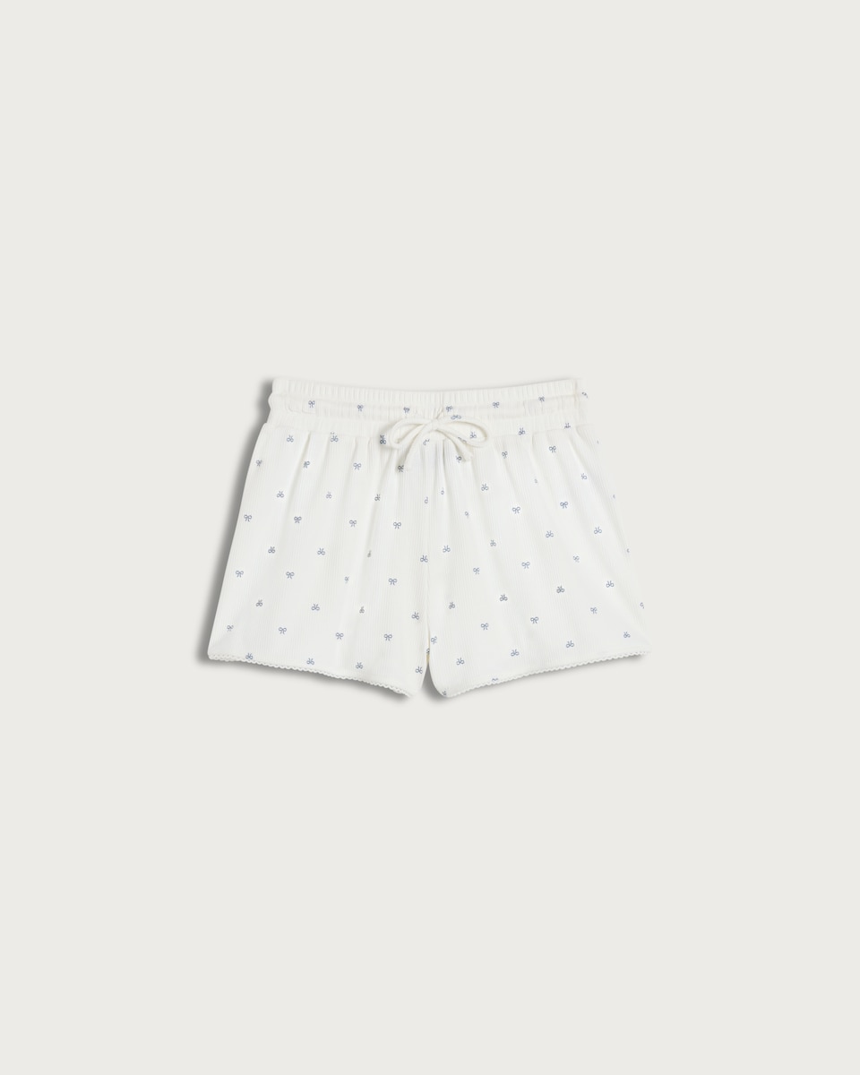 image 1 of OH ME OH MY Ribbed Bow Print Pyjama Shorts in White