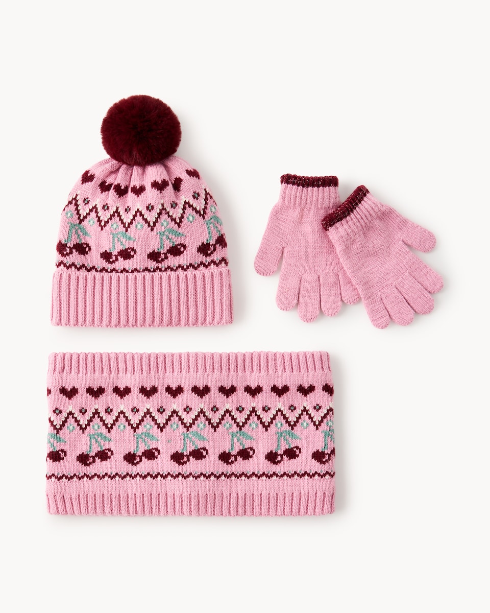 image 1 of F&F Girls Cherry Fair Isle Hat, Snood and Gloves Set in Pink