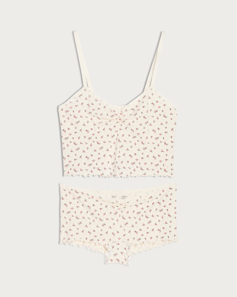 image 1 of F&F 2-Piece Contour Seamfree Pointelle Floral Print Camisole and Short Set in Cream