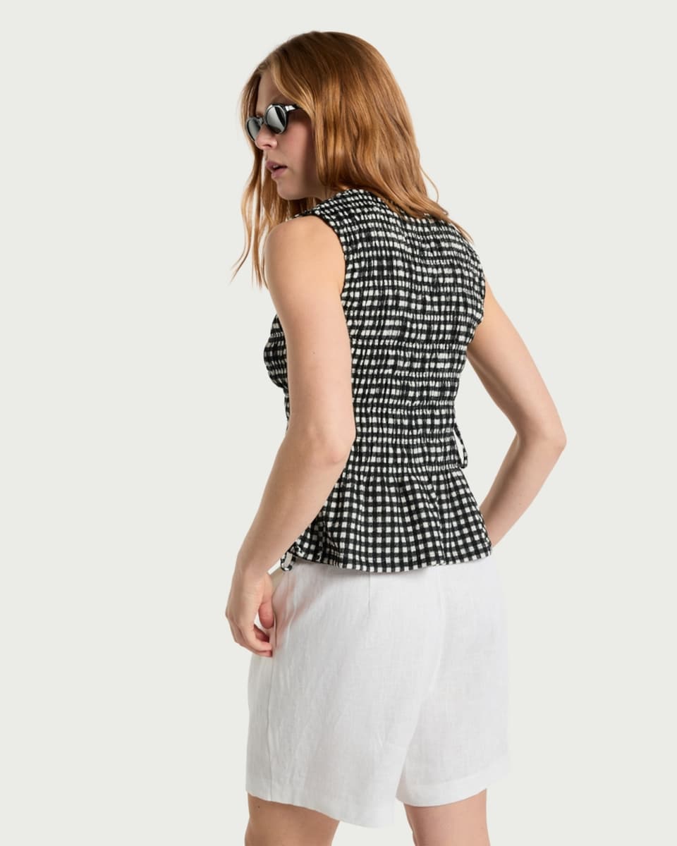 image 1 of F&F Gingham Tie Side Shirred Sleeveless Top in Multi Black White