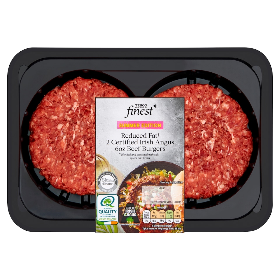 Tesco Finest Reduced Fat Irish Angus 6Oz Beef Burgers 340G