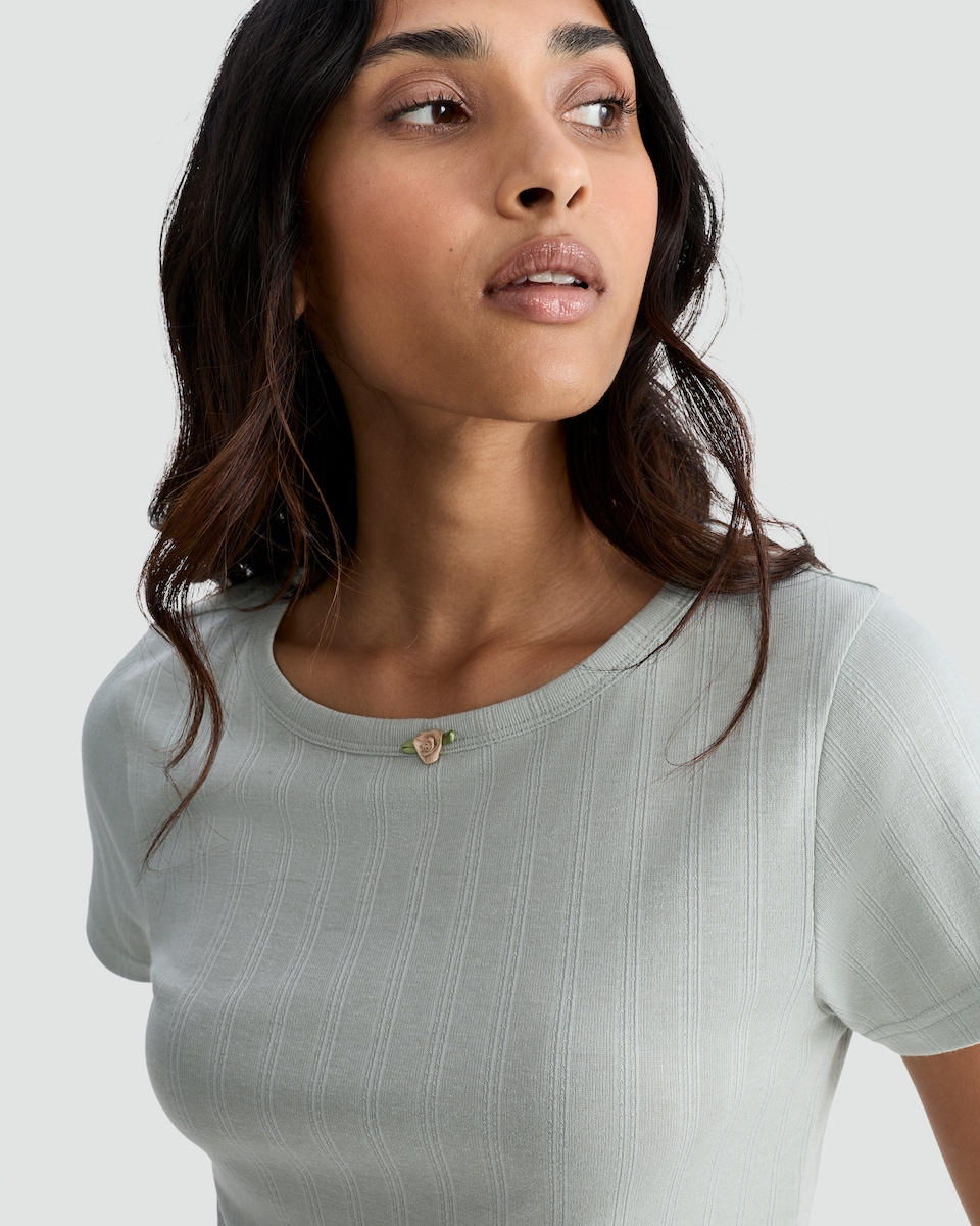 image 1 of Rise by Zara McDermott Pointelle Short Sleeved Pyjama T-Shirt in Green