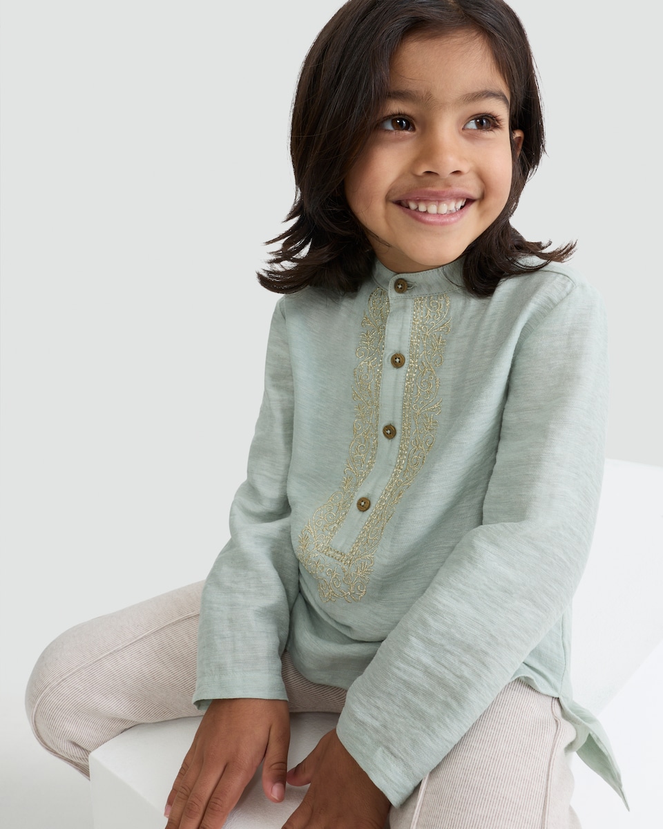 image 1 of F&F Boys Cotton Blend Embroidered Kurta in Green