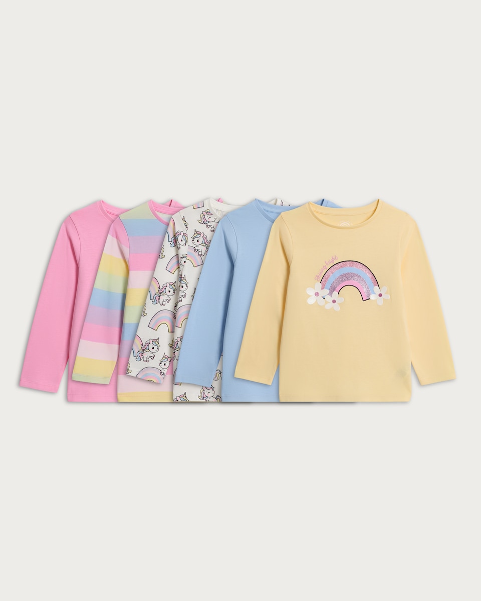 image 1 of F&F Girls 5-Pack Pure Cotton Printed Long Sleeved Tops in Multi Pink