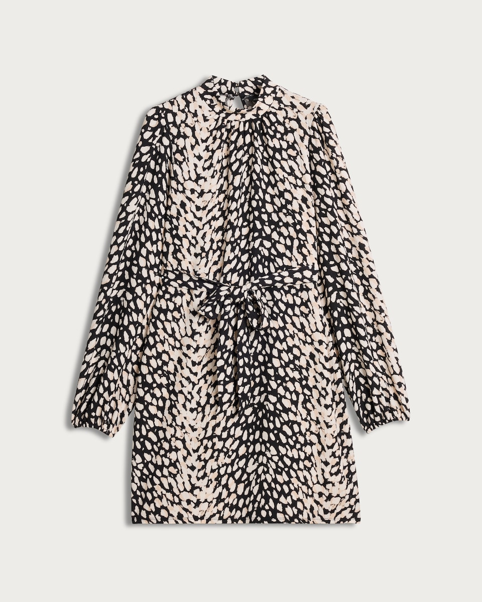 image 1 of F&F Abstract Print Tie Waist Long Sleeved Mini Dress in Multi Black White