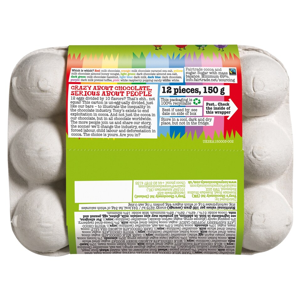 image 1 of Tony's Chocolonely 12 Egg-Stra Special Chocolate Eggs 150G