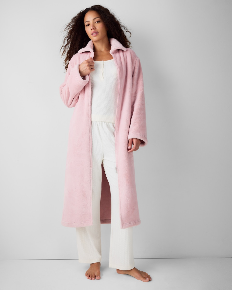 image 1 of F&F Fleece Zip Up Dressing Gown in Pink