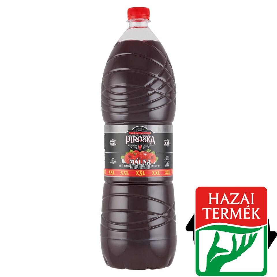 Piroska XXL málna ízű gyümölcsszörp feketerépalével színezve cukorral és édesítőszerekkel 2 l
