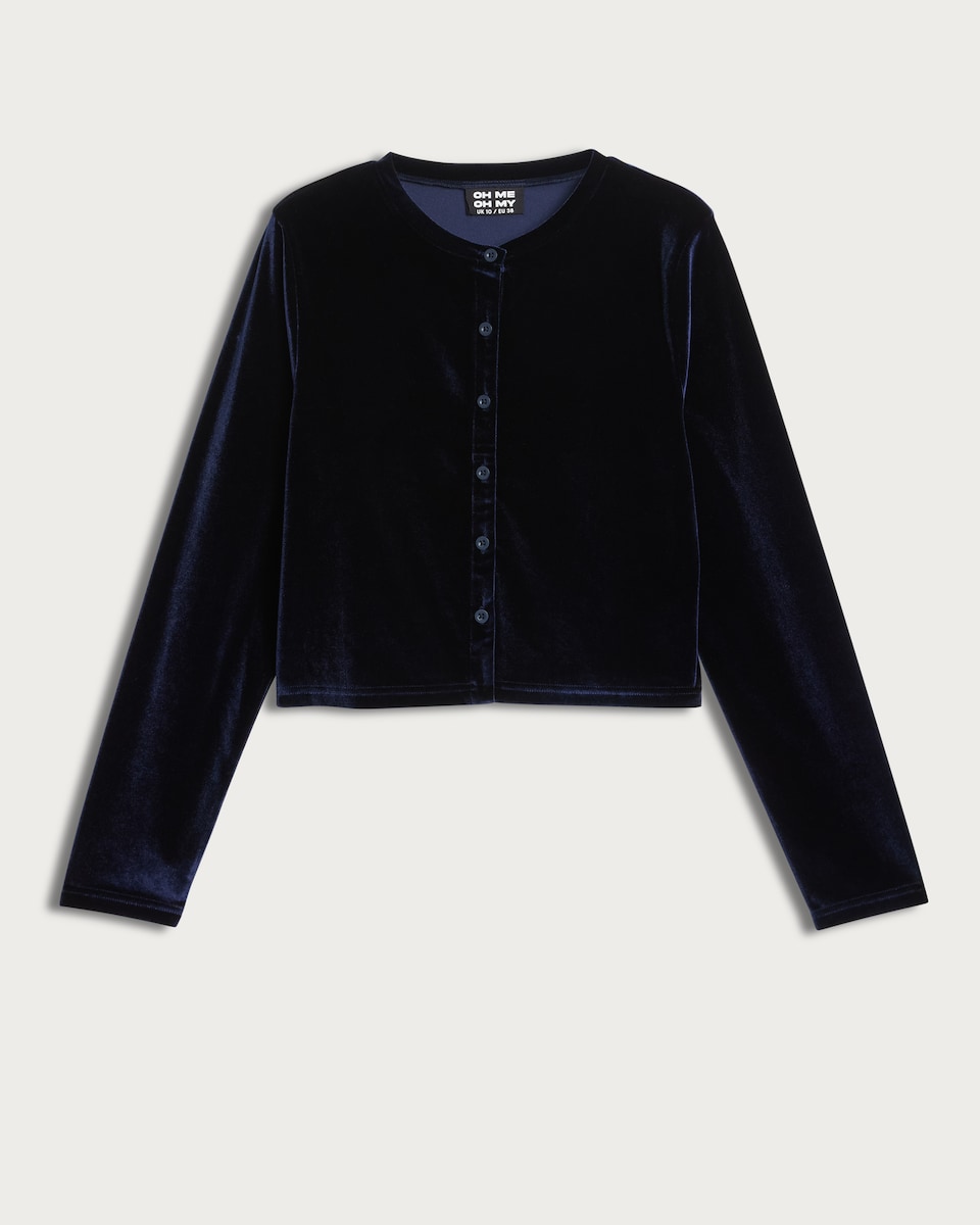 image 1 of OH ME OH MY Velvet Cropped Button Up Cardigan in Navy