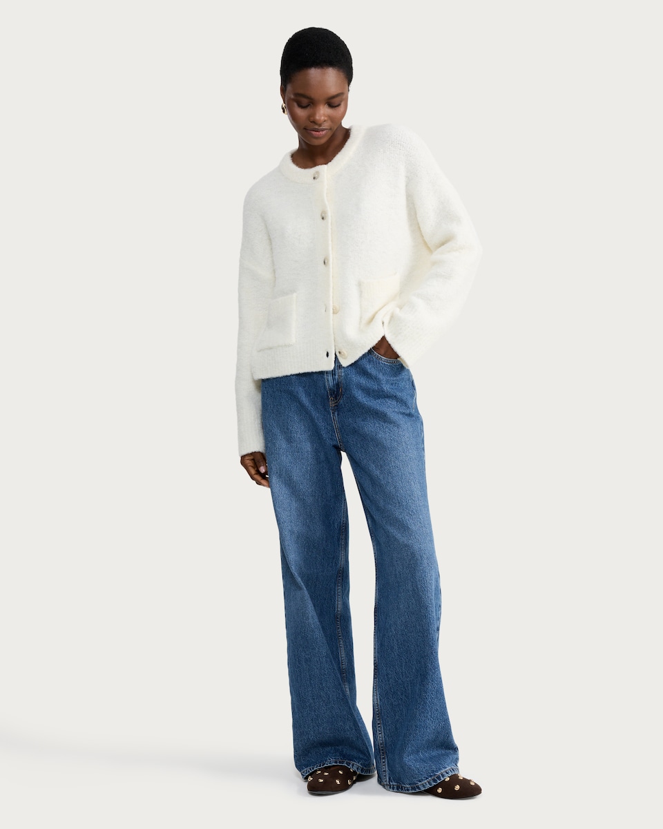 image 1 of F&F Boucle Textured Button Front Cardigan with Wool in Cream