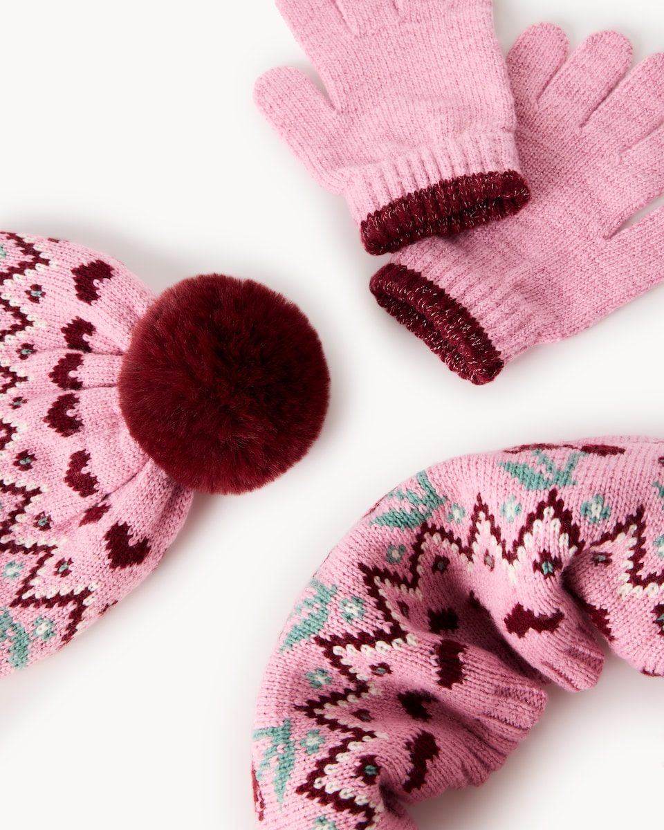 image 1 of F&F Girls Cherry Fair Isle Hat, Snood and Gloves Set in Pink