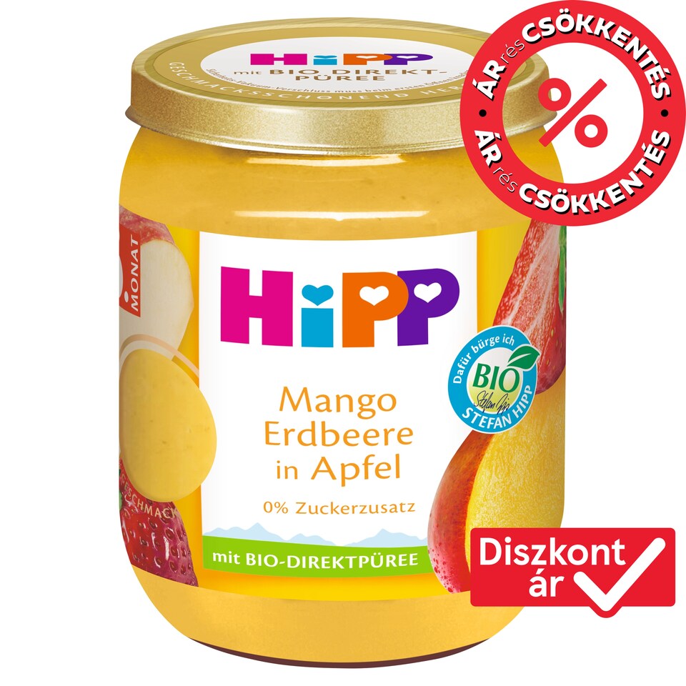 HiPP bio gyümölcskészítmény alma mangóval és eperrel bébidesszert 6 hónapos kortól 160 g  1. kép