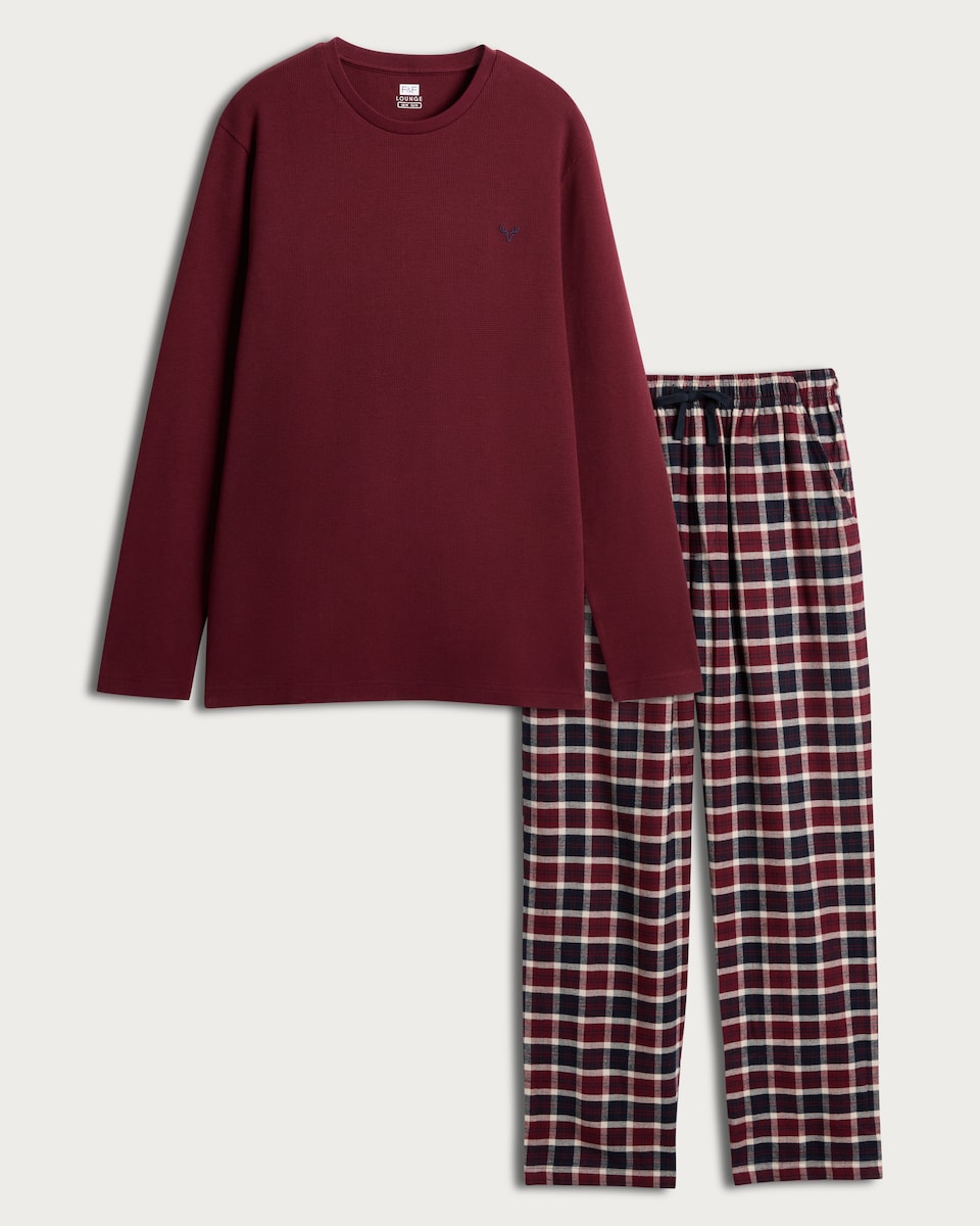 image 1 of F&F Pure Cotton Waffle Top and Check Print Trousers Pyjamas in Multi