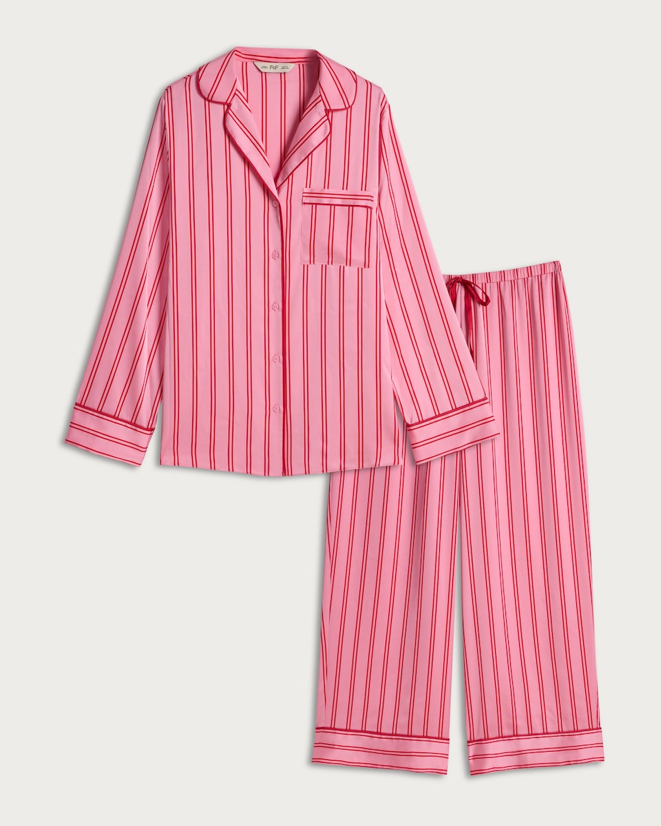 F&F Satin Stripe Print Shirt and Trousers Pyjamas in Multi Pink