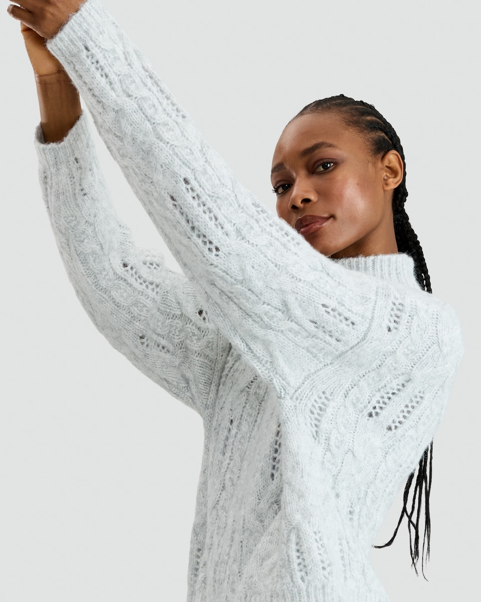 image 1 of F&F Ribbed High Neck Cable Knit Jumper with Wool in Silver