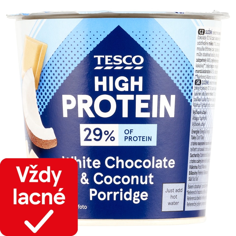 Tesco High Protein instantná ovsená kaša s kúskami bielej čokolády, kokosom a kúskami mandlí 65 g