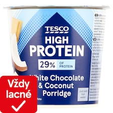 Tesco High Protein instantná ovsená kaša s kúskami bielej čokolády, kokosom a kúskami mandlí 65 g