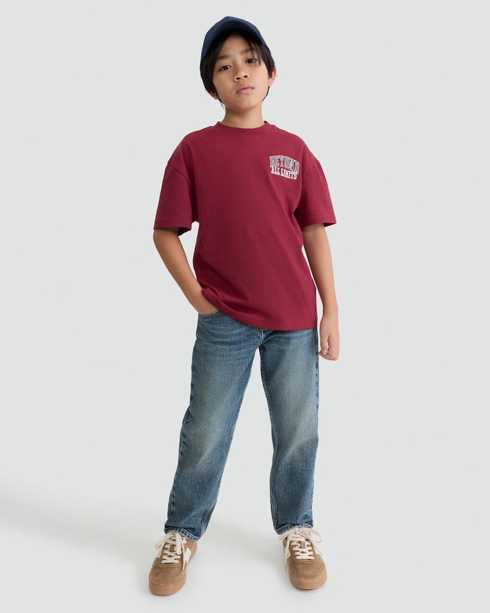 image 1 of F&F Boys Pure Cotton Slogan Short Sleeved T-Shirt in Burgundy