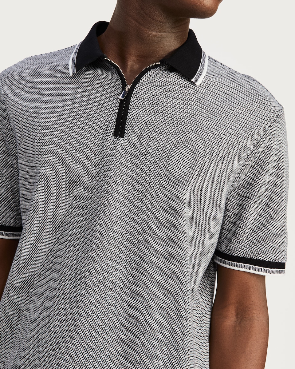 image 1 of The F&F Edit Pure Cotton Textured Zip Neck Polo Shirt in Black