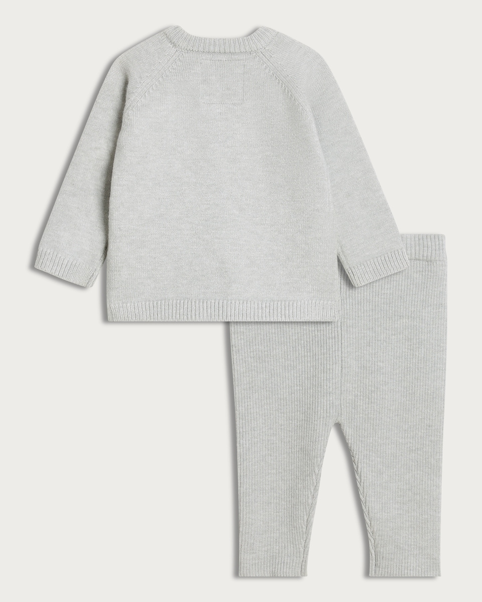 image 1 of F&F Baby 2-Piece Knitted Farmyard Print Jumper and Joggers Set in Grey Marl