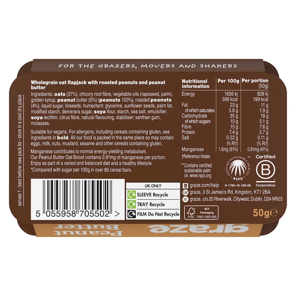 image 1 of Graze Peanut Butter Flapjack 50G