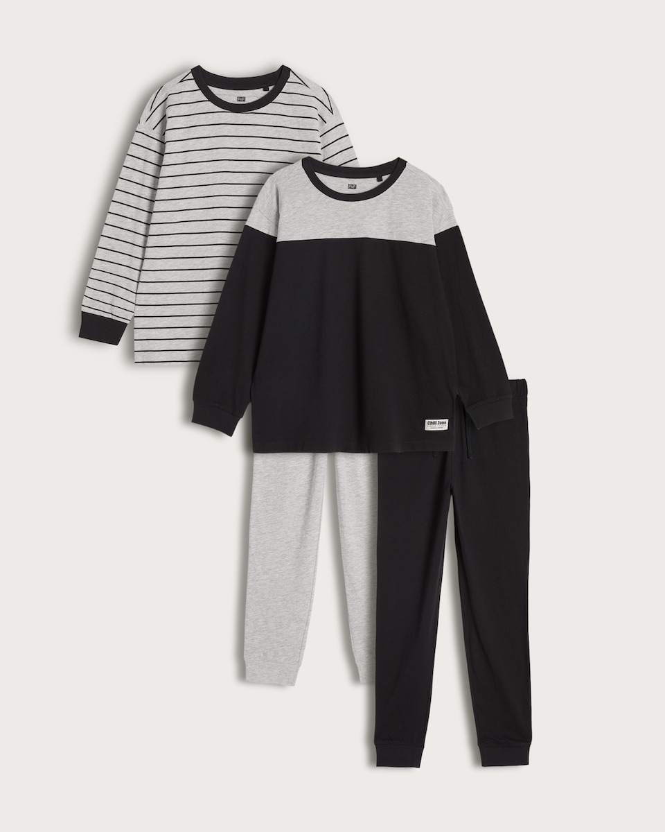 F&F Boys 2-Pack Cotton Rich Stripe Print and Colour Block Pyjamas in Grey Multi