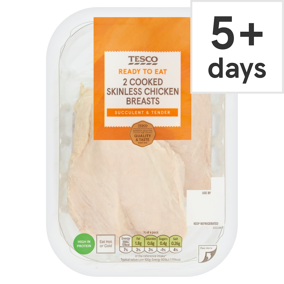 Tesco 2 Cooked Skinless Chicken Breast Fillets 220G