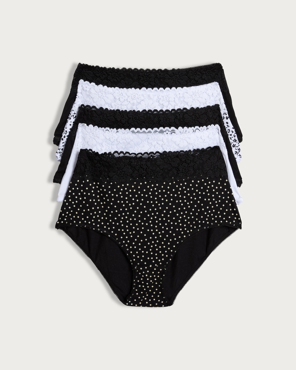 image 1 of F&F 5-Pack Cotton Rich Full Brief Lace Trim Knickers in Black