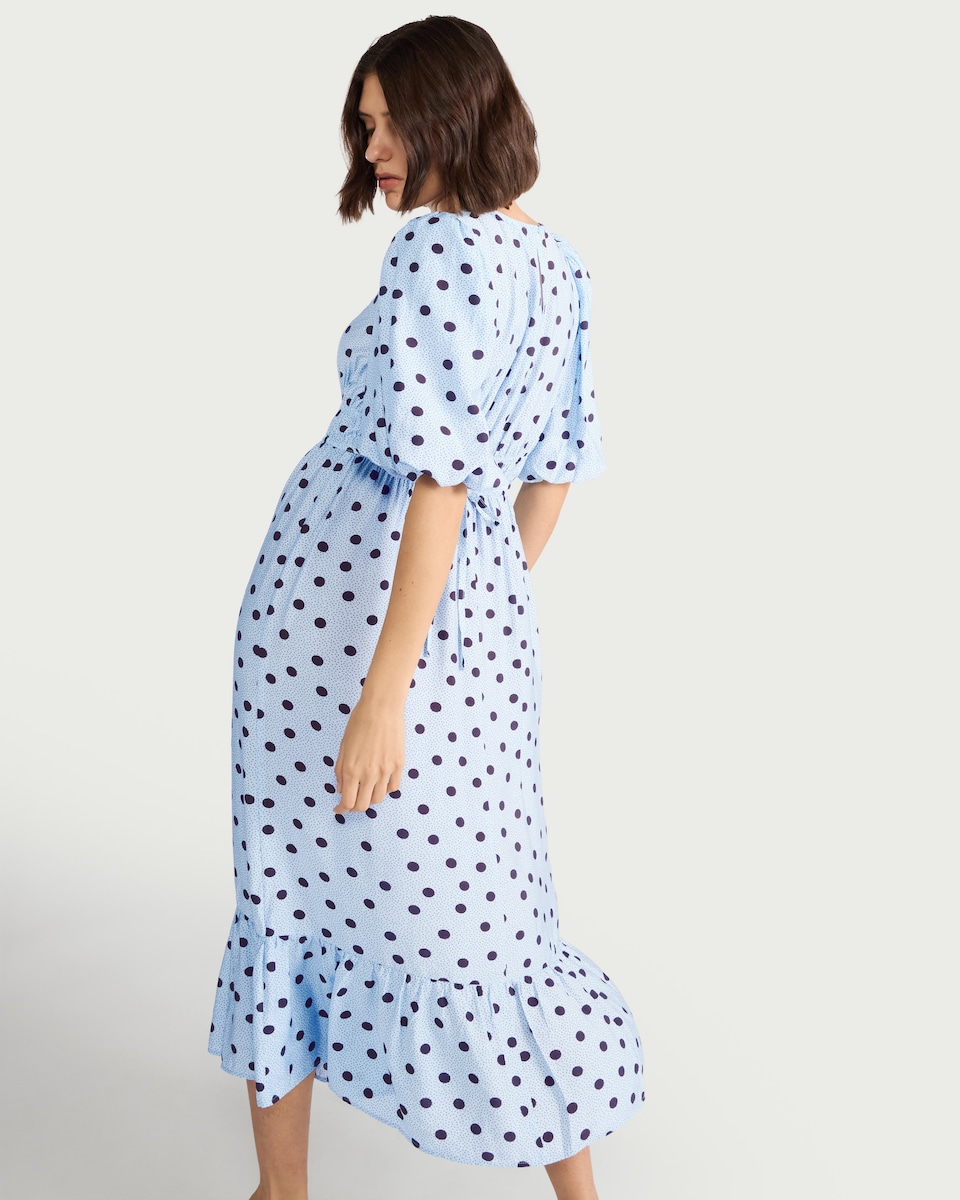 image 1 of F&F Shirred Polka Dot Midi Dress in Blue