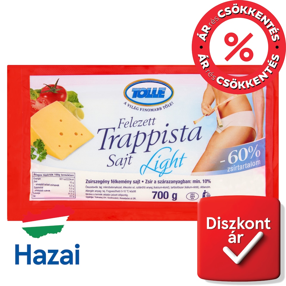 Tolle Light zsírszegény félkemény felezett trappista sajt 700 g  1. kép