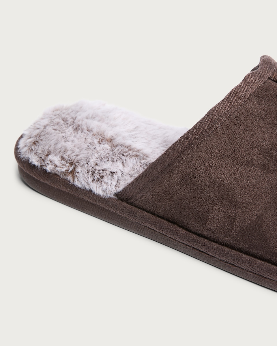 image 1 of F&F Faux Suede Fur Lined Mule Slippers in Brown
