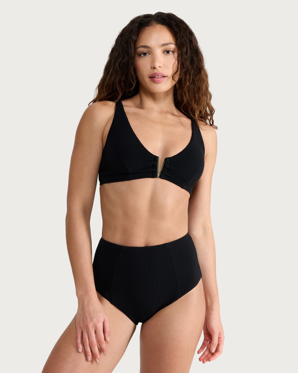 image 1 of F&F Textured High Waisted Bikini Bottoms in Black